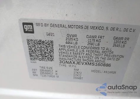 2021 Chevrolet Equinox Fwd 2Fl z USA, uszkodzony, nr VIN 3GNAXJEVXMS160886